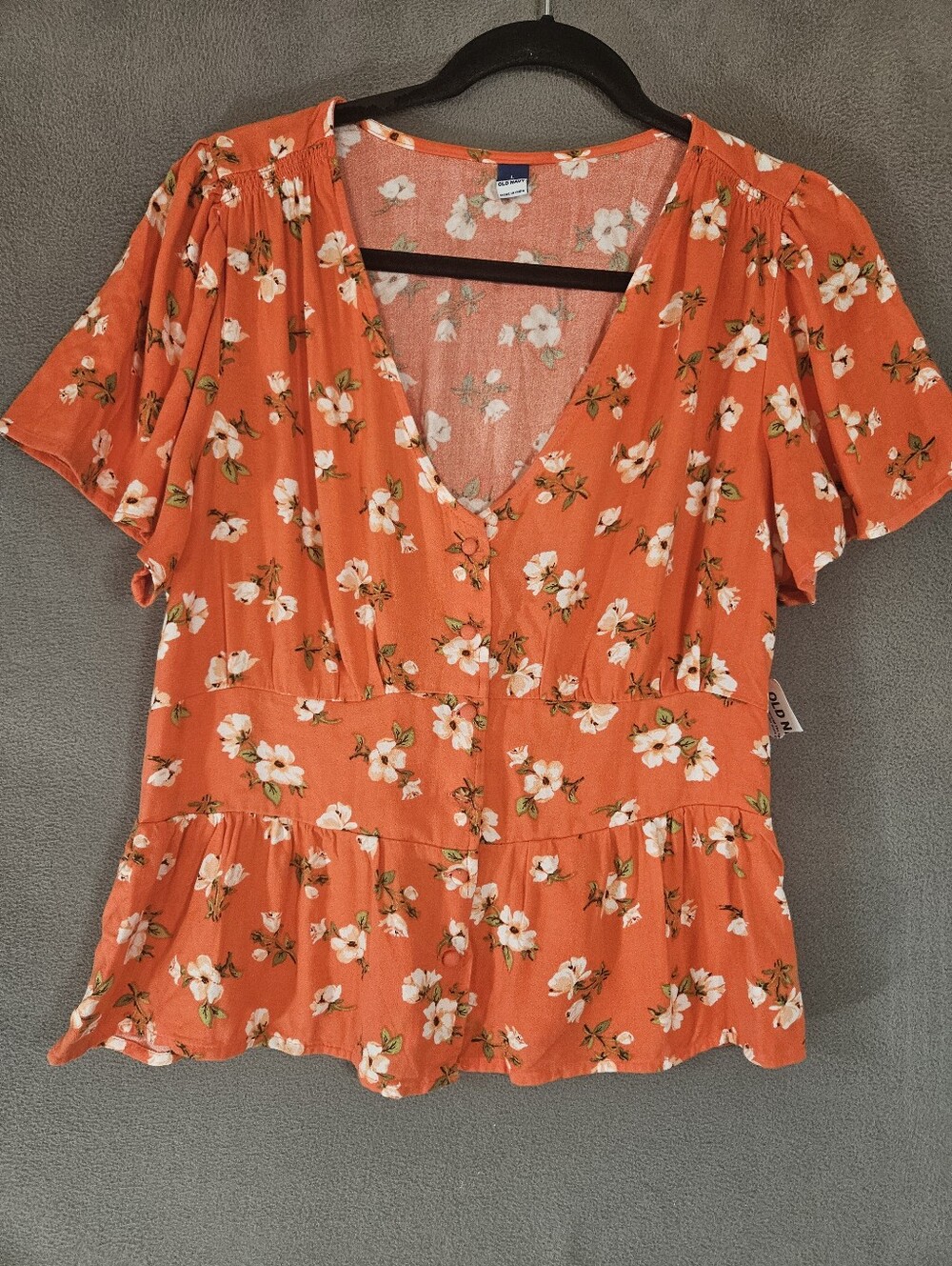 Old Navy Womens Large Button Shirt Cottagecore Red Floral Vneck Flounce NWT